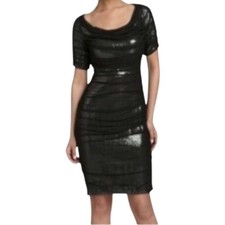 Tadashi Shoji Women Black Gold Bodycon Sequin Chiffon Ruched Dress 6