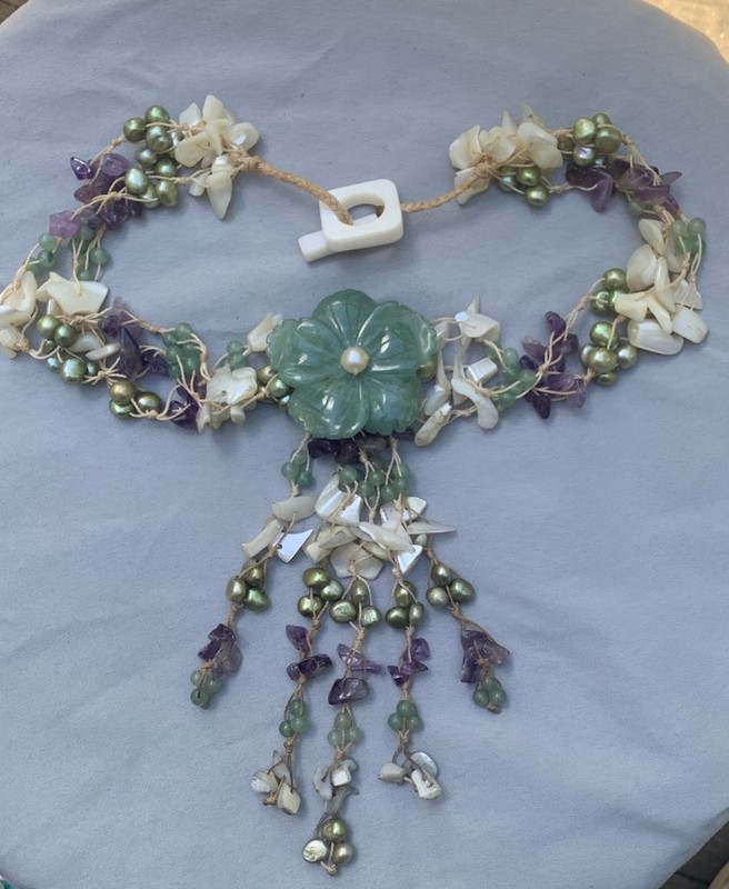 Vintage Aventurine Flower, Amethyst, MOP And Pearl necklace