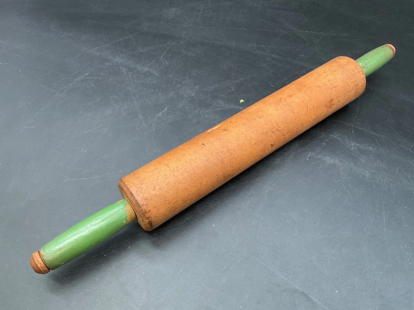 Vintage Antique Green Handled Wood Rolling Pin 16” -2” Diameter