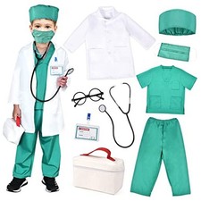 Kids Doctor Costume Pretend Play Kit with Lab Coat Medium/4-6 Years Green