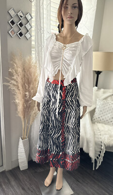 Zara Red Black Zebra Print Midi Pleated Silky Satin Side Slit Skirt