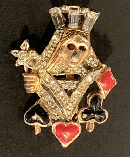 Vintage Gold Tone Brooch Playing Cards Queen Rhinestones