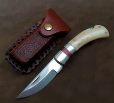 Real Bone Handle Lockback EDC Folding Pocket Knife w/Leather Sheath