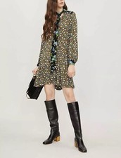 Sandro Floral Long Sleeve Tie Neck Green Dress Size 38 US S 