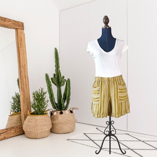 J.Jill Women's S Striped Casual Linen Blend Shorts Cuffed Hem Mustard Yellow - Picture 2 of 11