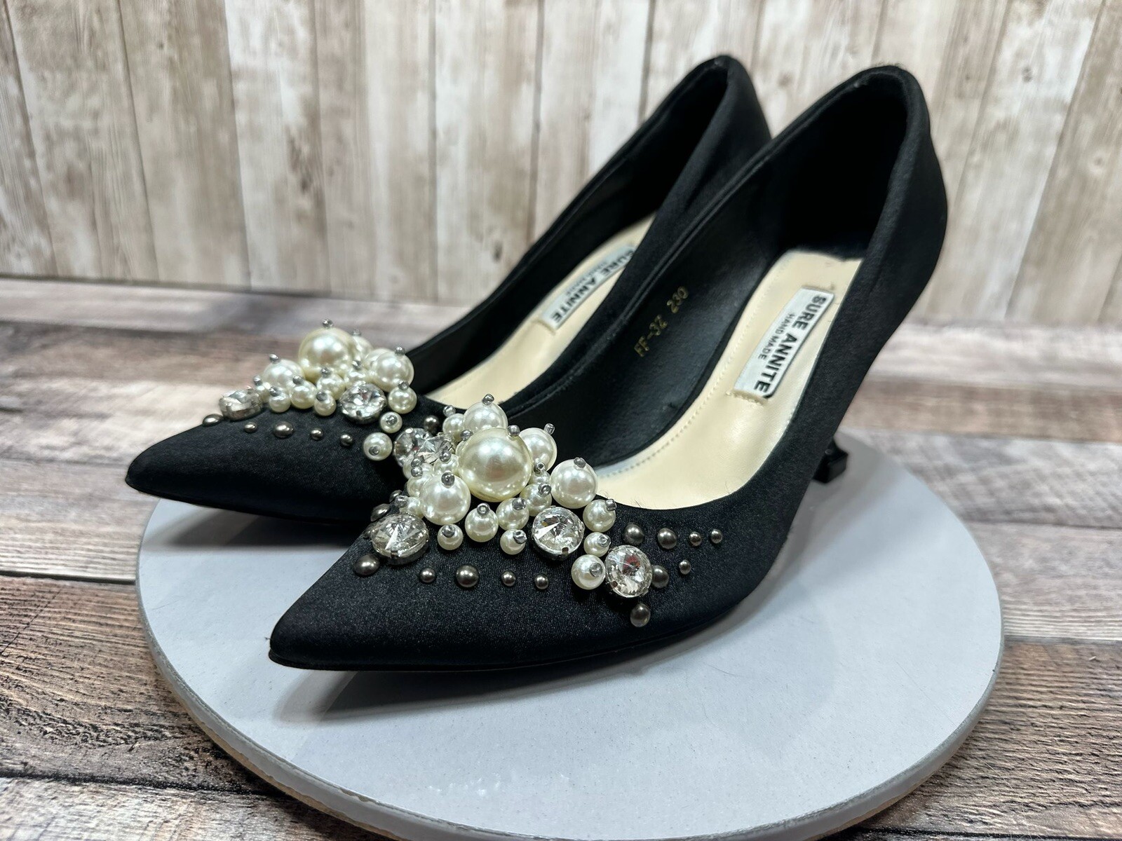 Sure Annite Black Satin Pearl & Rhinestone Heels for Evening Parties - Size 6