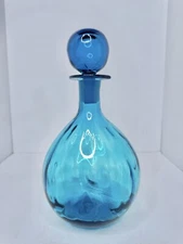 Vintage MCM Blenko Glass 6915 Pinched Optic Decanter In Turquoise 12” W/stopper