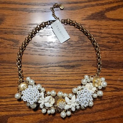 TALBOTS Statement Collar  NECKLACE White Enamel FLOWERS Faux Pearls ~ Gold Tone - Image 1 of 4