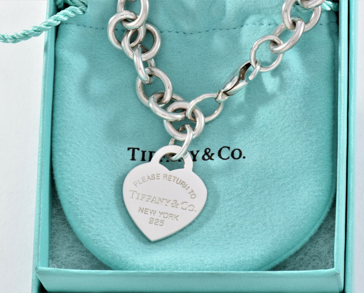 Please Return To Tiffany & Co Silver Blue Enamel Heart Chain Link