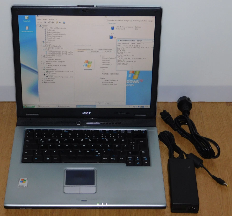 15" Laptop Notebook Acer Extensa 2350 Pentium M 1,6 GHz 80GB 1GB Win XP 40m Akku - Bild 3 von 4