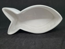 Fish Shaped Cat Bowl Feeder Dish or Water •  MEOW • WHITE • Ceramic