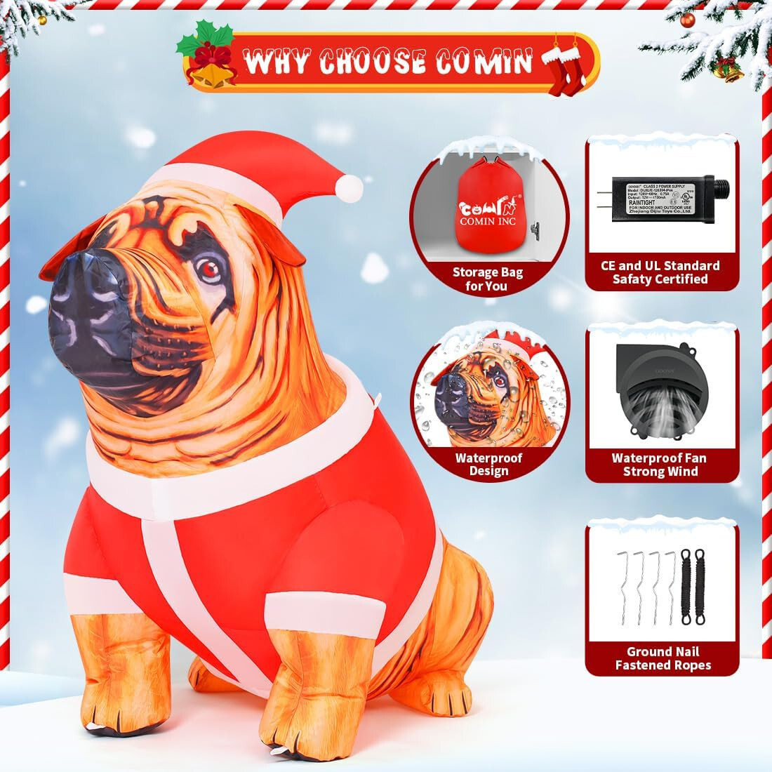 Christmas Dog Bulldog Santa Hat Airblown Inflatable Decor LED Blow Up