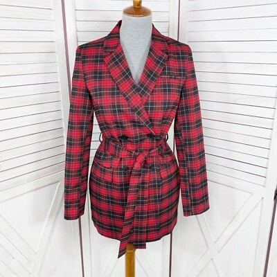 BeFree Jacket Trench Women XS Red Tartan Plaid Tie Waist  Overcoat Twill Preppy
