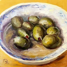 Kitchen art Oil painting Green olives painting Still life with olives Miniature