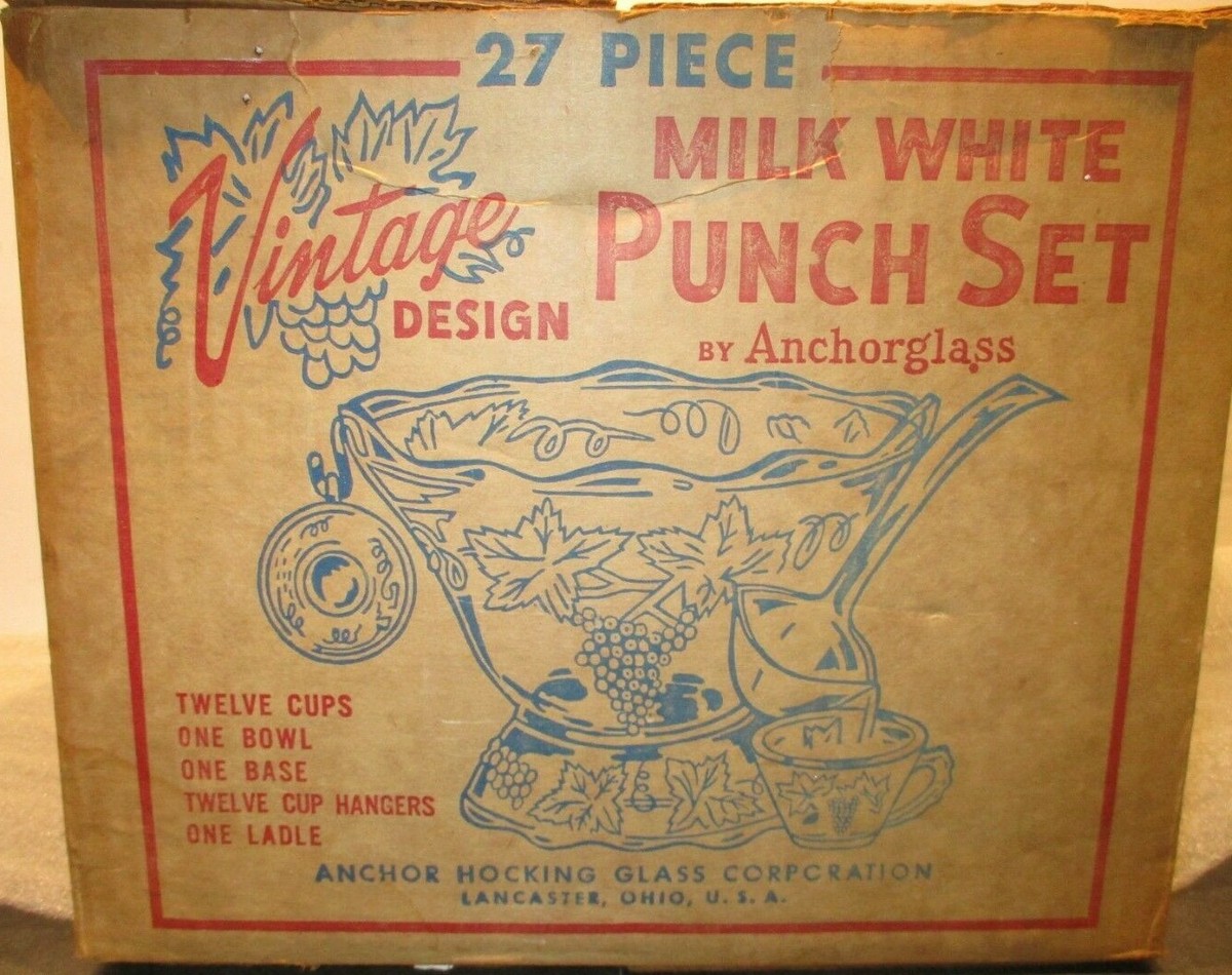 Anchor Hocking GRAPE HARVEST 27 Piece Milk White Punch Bowl Set
