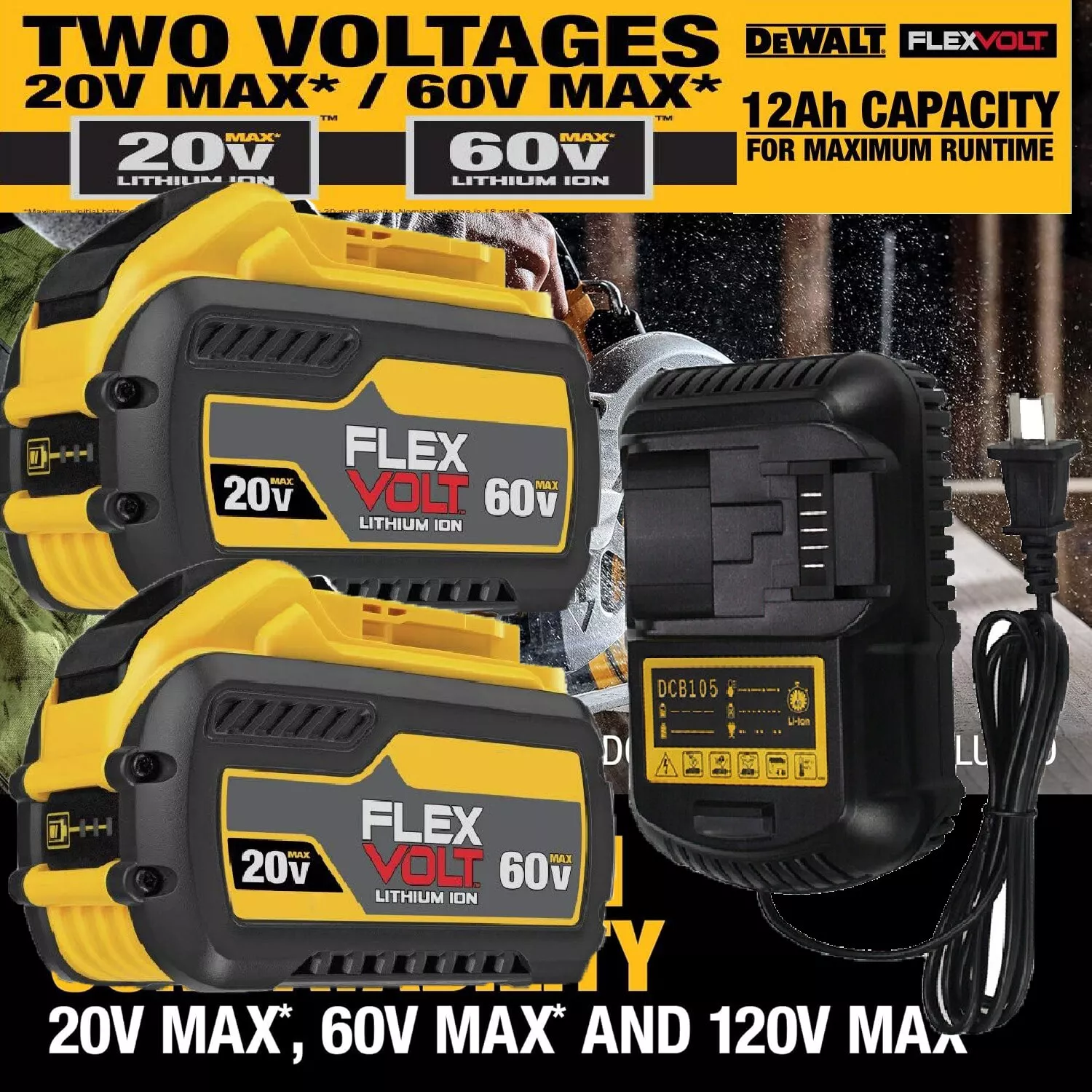 Pack 12.0Ah 20V/60V FlexVolt Battery /Charger For DEWALT DCB609 DCB612 DCB606-2
