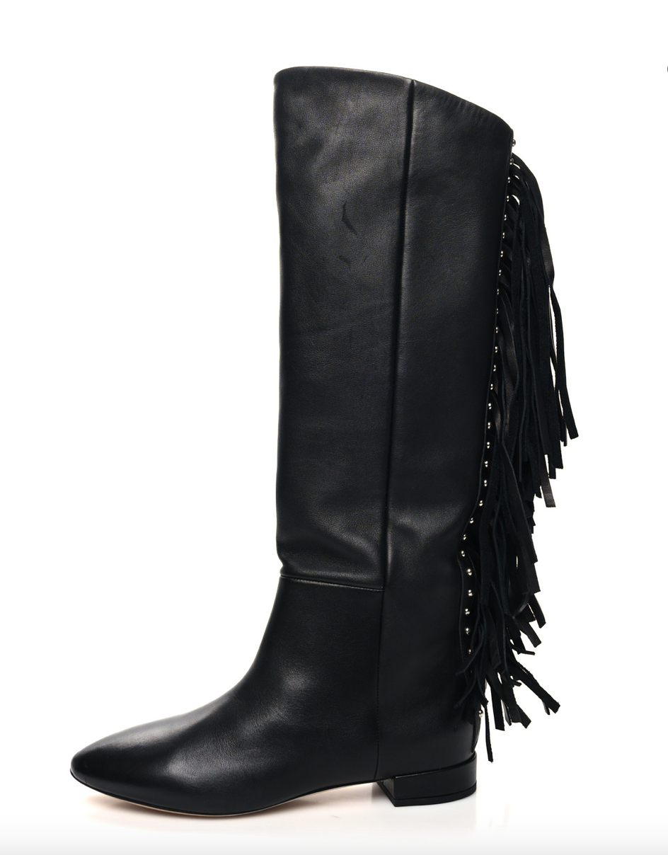 Stivali Yves Saint Laurent YSL in pelle nera con borchie e frange misura 35 5