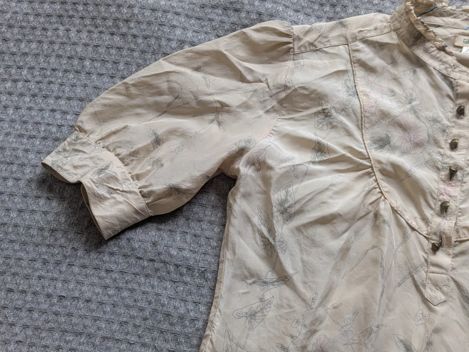 Top Edun Mujer Medio Beige Azul Rayas Seda Popover Manga Corta Banda Cuello Foto 3 de 4