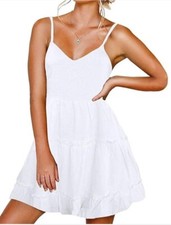 FANCYINN Women White Casual Tiered Mini Dresses Spaghetti Strap V Neck Backless