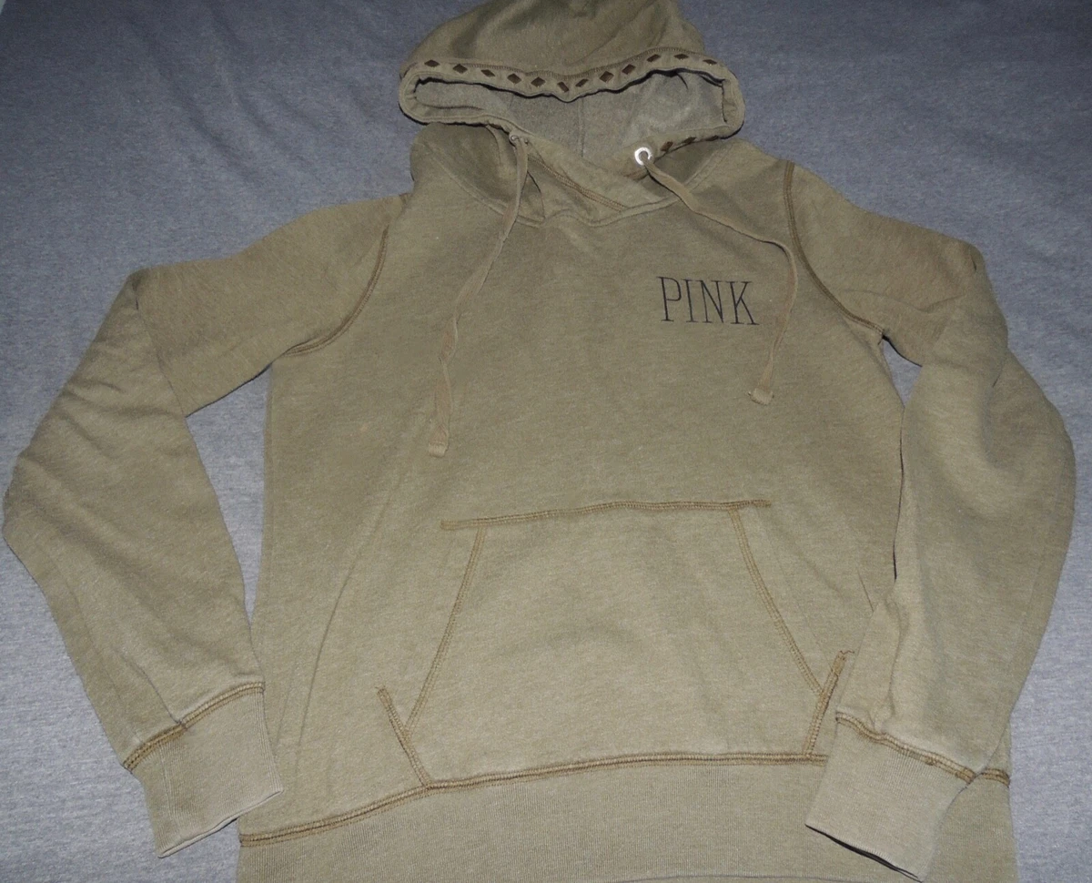 Victoria s Secret PINK Hooded Hoodie Sweatshirt S Army Green Logo Studded SEXY