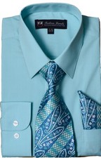 Men's Dress shirt New Solid Color Aqua with tie and handkerchief SG21B