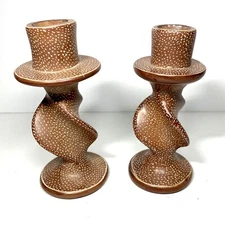Set of 2 Hand Carved Soapstone Candle Stick Holders Made in Kenya Brown Dots 5"