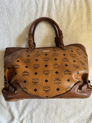 #ad MCM Cognac Logo Visetos Duffel Bag $225.00