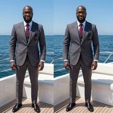 Gray Striped Men's Suits Peak Lapel Formal Wedding Groom Tuxedo Party Prom 3Pcs