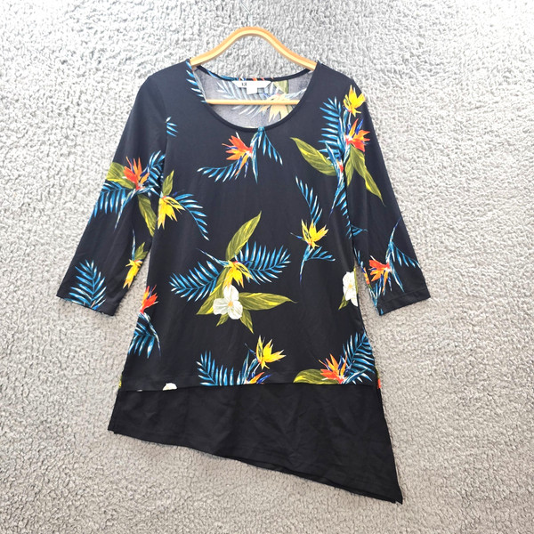 Rockmans Womens Blouse Top Size XS Black Floral Stretch Knit 3/4 Sleeve