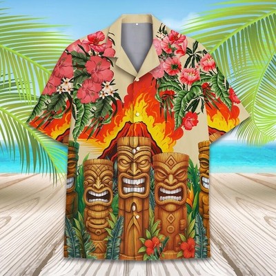 Tropical Tiki Volcano Hawaiian Shirt Men Women Beach Aloha Luau