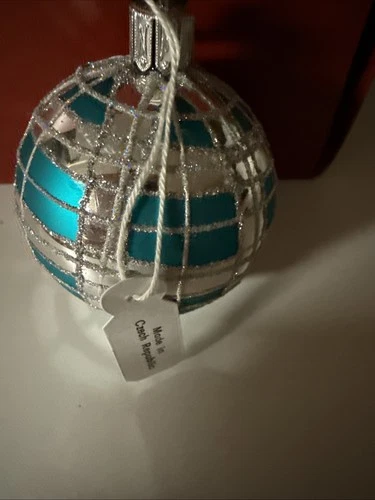 Vintage Neiman Marcus 2003 Hand Blown Glass Ball Ornament Silver Blue Glitter 3"