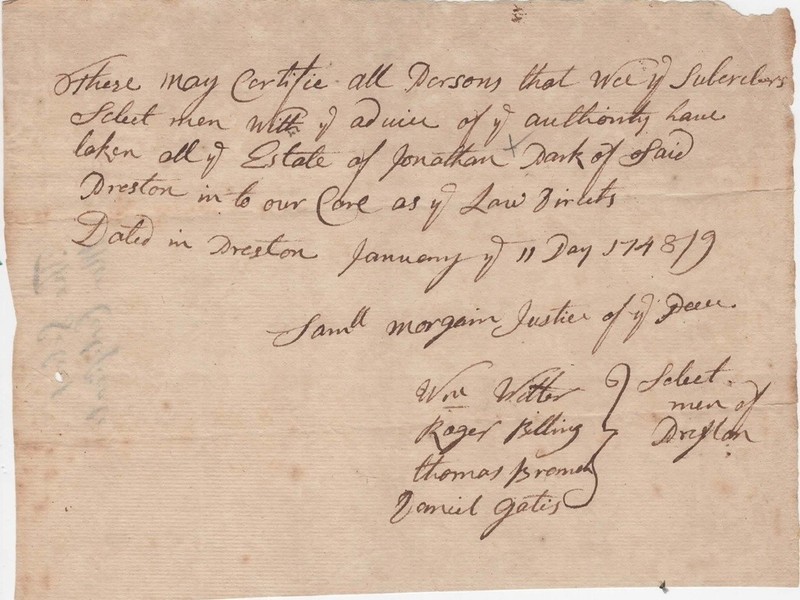 1748, Preston, CT, seizure of estate, Jonathan Park, selectmen signed