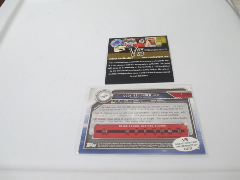 2019 TOPPS CODY BELLINGER LOS ANGELES DODGERS HAND SIGNED AUTOGRAPH CARD W COA - Image 2 of 2