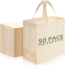50 Pcs Reusable Tote Bags Shopping Bags Non Woven, Beige