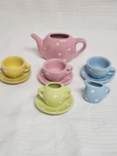 Polkadot Doll House Tea Set Porcelain Mini Cups Plates Thick Wall Pastels Lot 10