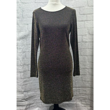 Boohoo Party Bodycon Dress Black Gold Metallic Size 14 Sparkly Draped Back BNWT