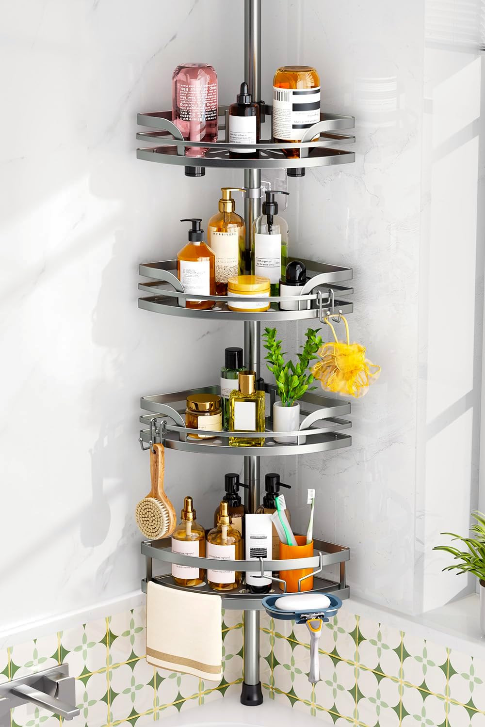 Shower Caddy Tension Pole：4-Tier Rustproof Bathroom Corner Shelf for Renters - 4