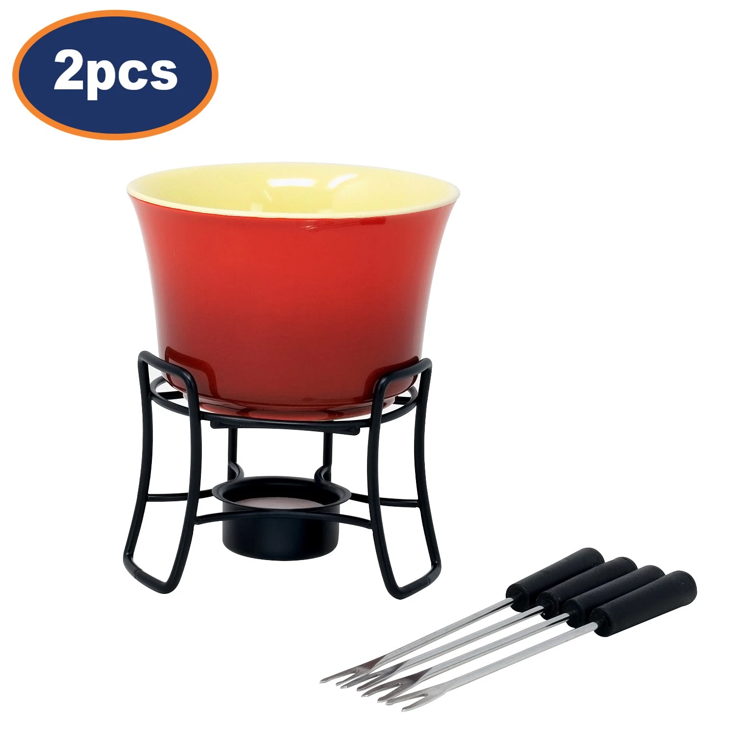 Chocolate Fondue Set with Forks Tealight Burner Red Melting Pot Metal Stand 2Pcs