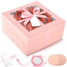 Cake Boxes with Boards 32 PCS 10 Inch Pink Window Carrier Birthday Bakery