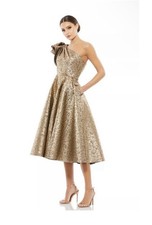 $498 Mac Duggal 67906 Bronze Metallic One Shoulder Bow Tea Midi Dress Size 4