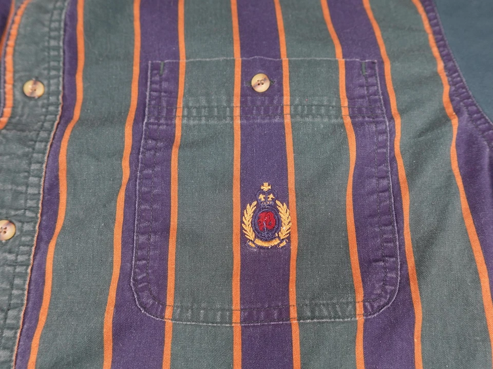 Camisa De Colección Bugle Boy Company Para Hombres 2XL Verde Rayas Preppy Escudo Universitario Años 90 Foto 2 de 4