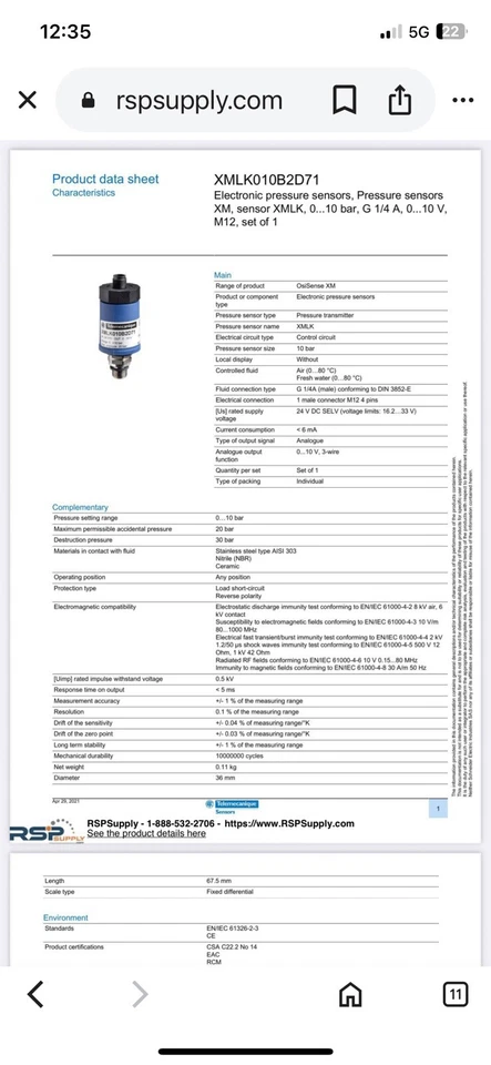 Telemecanique XLMK010B2D71 Pressure Transmitter - Image 2 of 4