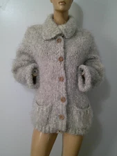 AVOCA Handweavers FUZZY Shaggy IRISH WOOL Wooden Button Long Cardigan Sweater M