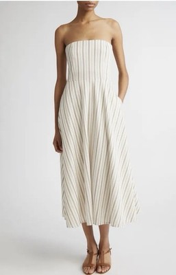 Max Mara Fervida Stripe Bustier Cotton & Linen Flax Midi Dress-GORGEOUS! Size 8