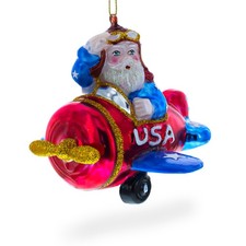 Pilot Santa in Airplane Blown Glass Ornament