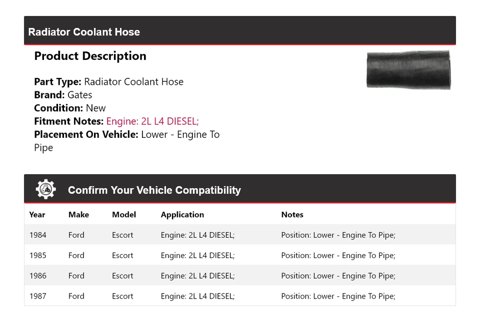 Manguera de refrigerante de radiador inferior para Ford Escort 1984-1987 - puertas de motor a tubería Foto 2 de 4