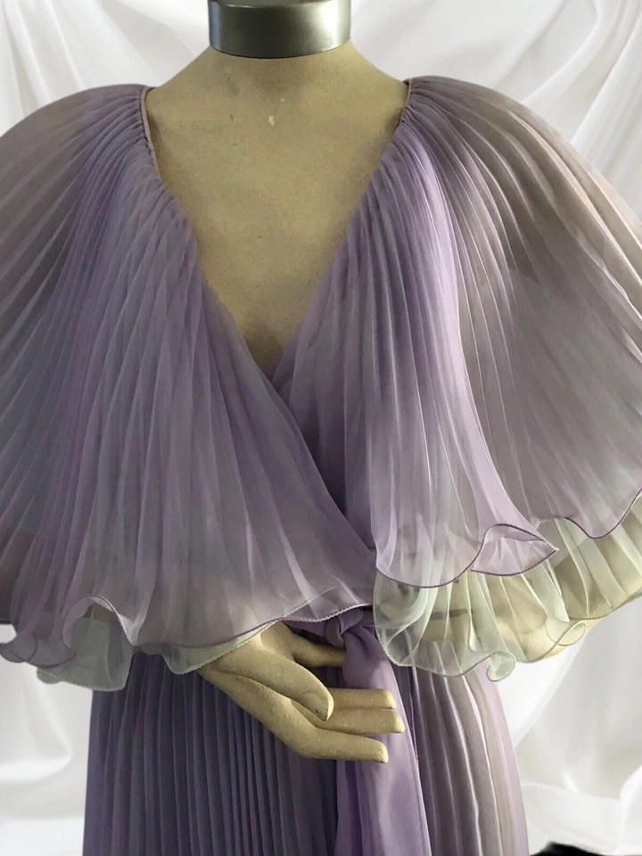 Vintage 60s Double Layer Chiffon Accordion Sheet Pleated V-Neck Cape Party Dress - Image 4 of 4