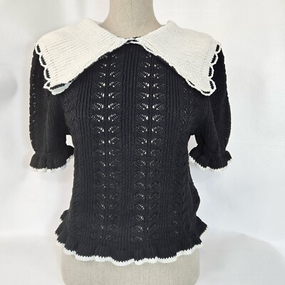 H&M DIVIDED Knit Crochet Blouse Top Short Sleeve Black/White Doll Women s Size S