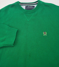 Tommy Hilfiger Men XL Green Pullover Sweater Long Sleeve Cotton Crest Logo