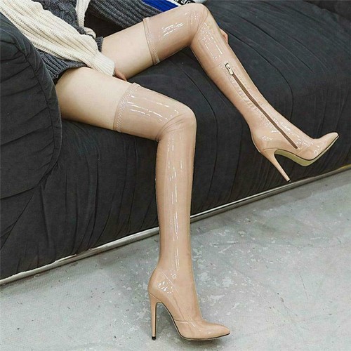 Damen Lack glänzend Overknee Stiefel dehnbar Overknee Stiletto Absatz 47/48/49 - Bild 4 von 17